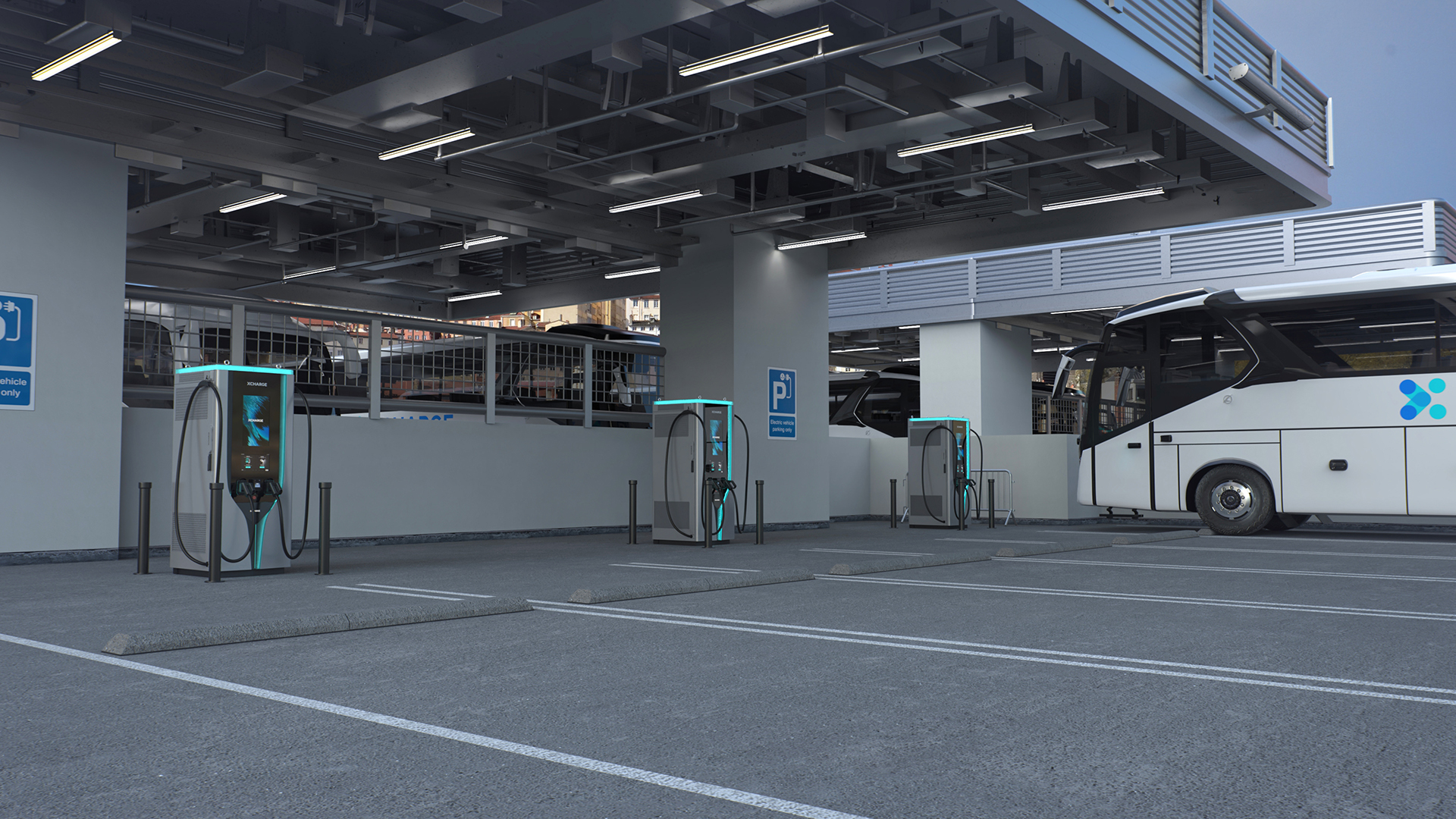 Représentation de l'offre PUR-ELEC avec les bornes de recharge XCharge pour des cars