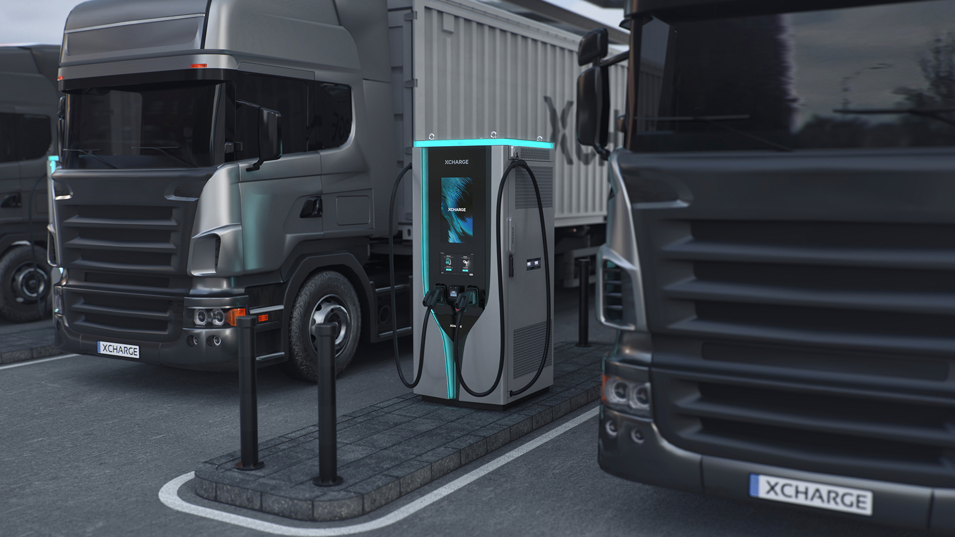 représentation d'une borne de recahrge en train de recharger des camions de transport