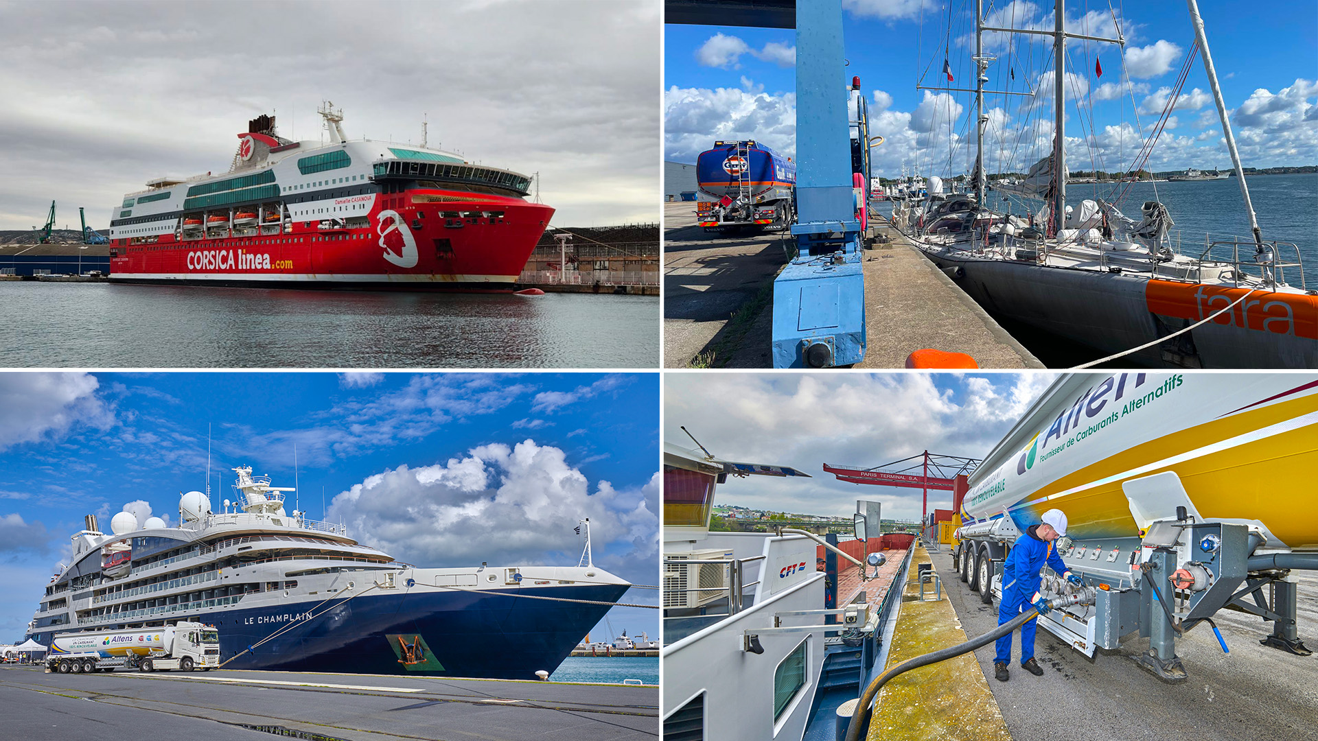 Mosaïque de photos illustrant les soutages d'Altens pour Corsica Linea, la Fondation Tara Océan, Ponant et Sogestran Logistics
