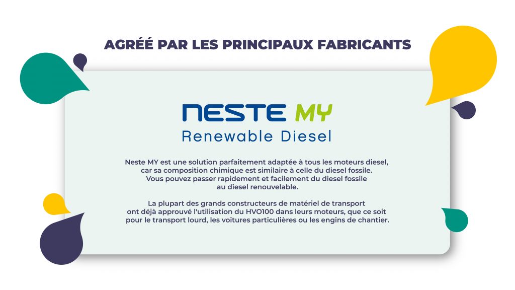 Agréé par les principaux fabricants, Neste MY est une solution parfaitement adaptée à tous les moteurs diesel avec une composition chimique similaire à celle du diesel fossile. La plupart des grands constructeurs de matériel de transport ont déjà approuvé l'utilisation du HVO100 dans leurs moteurs, que ce soit pour le transport lourd, les voitures particulières ou les engins de chantier.